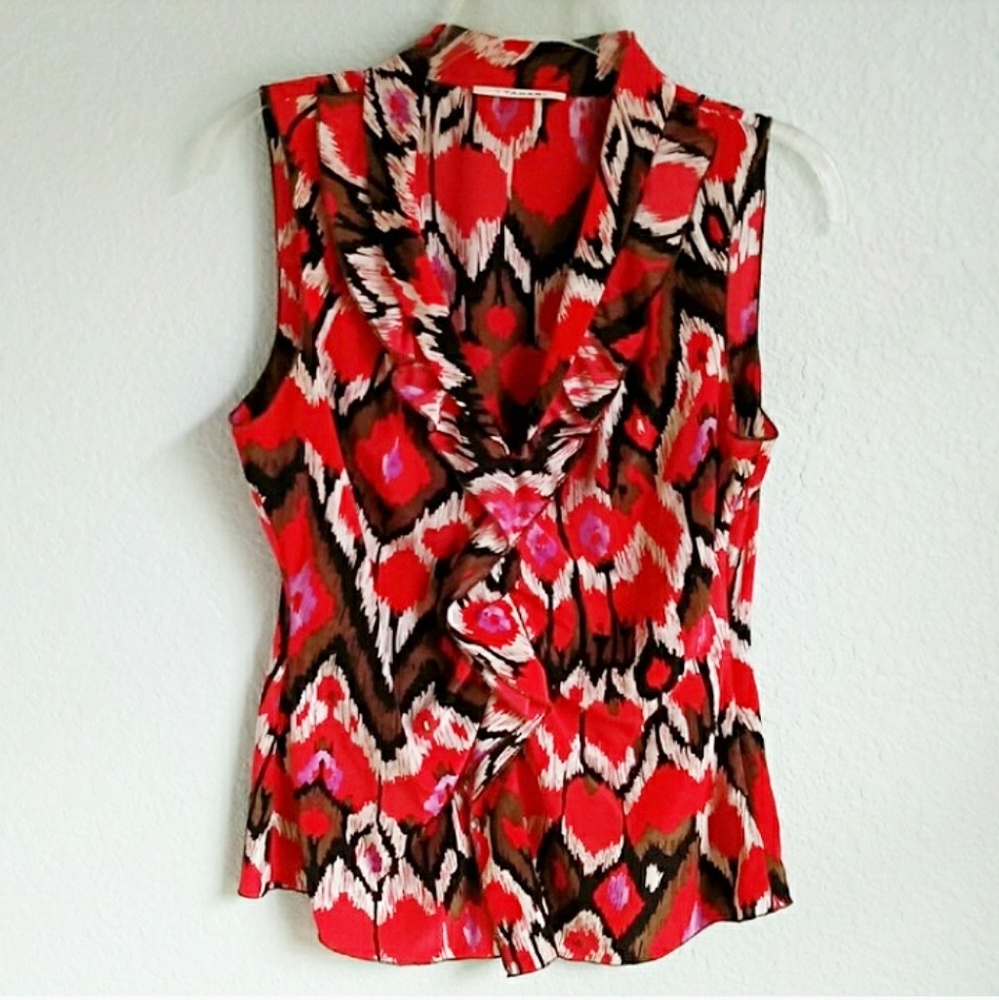 T TAHARI | Silk Ikat Ruffle Sleeveless Blo…